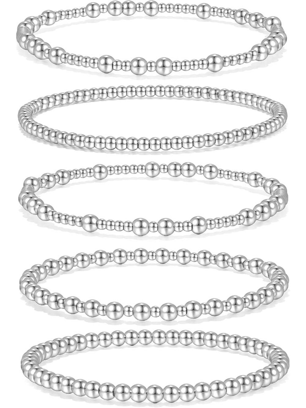 Fashion-Forward 5pc Silver Bead Bracelet Set for Every Occasion – Gift-Ready